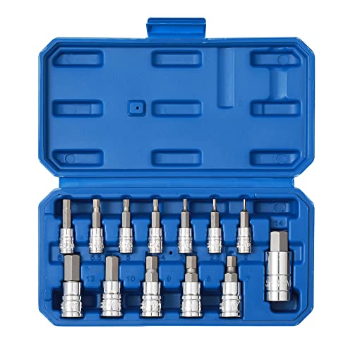 Mayouko 13PCS Metric Hex Bit Socket Set, CR-V Allen Bit Socket Kit, S2 Steel, 2mm - 14mm, 1/4", 3/8" & 1/2" Drive