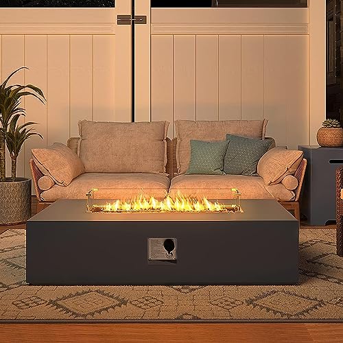 UPHA 56-inch Outdoor Propane Gas Fire Pit Table 50000 BTU Concrete Rectangle Fire Pit for Outside Patio with Propane Tank Cover, Wind Guard, Lava Rocks, Rain Cover, Grey