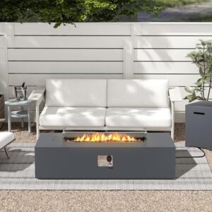 UPHA 56-inch Outdoor Propane Gas Fire Pit Table 50000 BTU Concrete Rectangle Fire Pit for Outside Patio with Propane Tank Cover, Wind Guard, Lava Rocks, Rain Cover, Grey