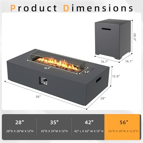 UPHA 56-inch Outdoor Propane Gas Fire Pit Table 50000 BTU Concrete Rectangle Fire Pit for Outside Patio with Propane Tank Cover, Wind Guard, Lava Rocks, Rain Cover, Grey