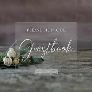 elegant please sign our guestbook acrylic modern wedding sign with included clear acrylic base - perfect for weddings (8x10 or 5x7 with clear acrylic stand) - sweet carolina collective