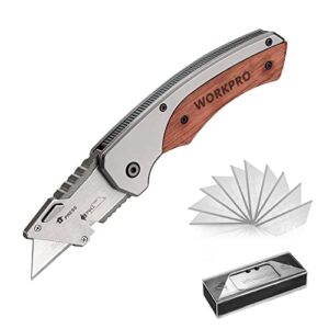 workpro folding utility knife, quick-change box cutter with stainless steel head & liner lock, wood handle razor knife and extra 10pc sk5 blades