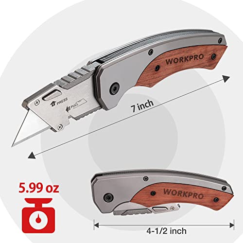 WORKPRO Folding Utility Knife, Quick-Change Box Cutter with Stainless Steel Head & Liner Lock, Wood Handle Razor Knife and Extra 10PC SK5 Blades