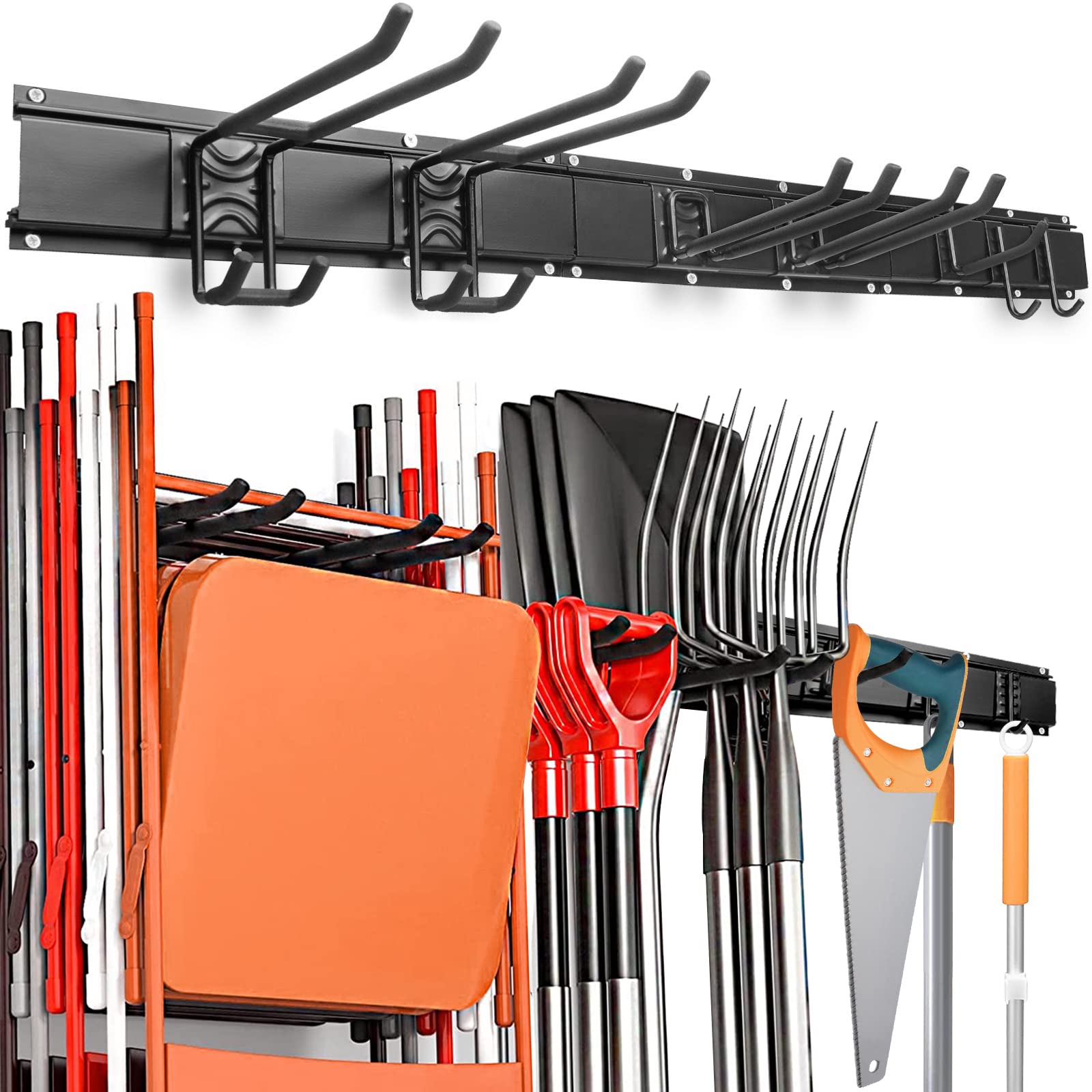 Sposuit 48inch Tool Storage Rack, 7 Hooks Tool Rack Wall Mount Storage System, Garage Organizer Wall Mount for Shovels, Rakes, Ladders, Ski Board, Garden Tools and More, 3 Tracks, Max Load 300lbs