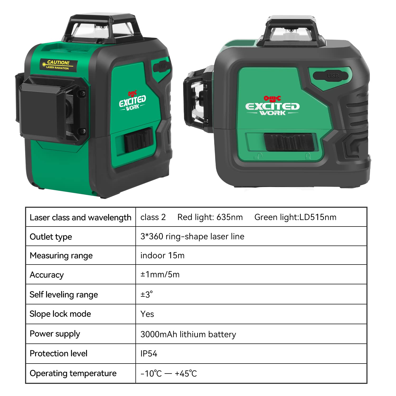 Excited Work 12 Lines Laser Leevl Self Leveling 3x360°, 3D Green Cross Line for Construction and Wallpaper/Flooring, Rechargeable Li-ion battery, Magnetic Pivoting Base, Remote Controller