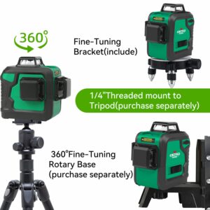 Excited Work 12 Lines Laser Leevl Self Leveling 3x360°, 3D Green Cross Line for Construction and Wallpaper/Flooring, Rechargeable Li-ion battery, Magnetic Pivoting Base, Remote Controller