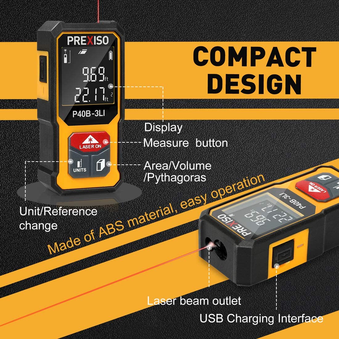 PREXISO 135Ft Mini Laser Measure Rechargeable, Measure Pythagorean Modes, Distance, Area, Volume & PREXISO 2-in-1 Laser Level Spirit Level