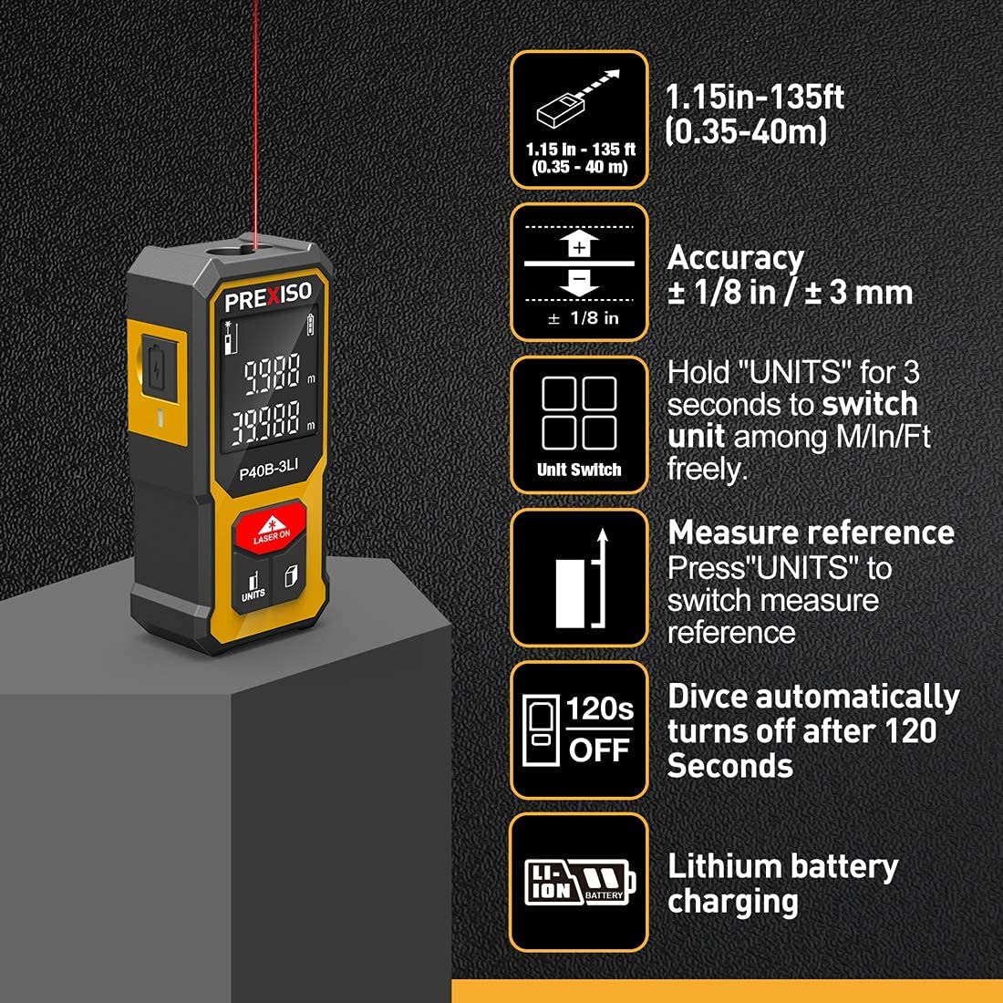 PREXISO 135Ft Mini Laser Measure Rechargeable, Measure Pythagorean Modes, Distance, Area, Volume & PREXISO 2-in-1 Laser Level Spirit Level