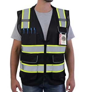 neopelta reflective safety vest black mesh, high visibility vest with pockets and zipper, padded neck, black with yellow trim 2x