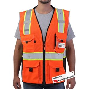 neopelta reflective safety vest orange mesh, made with 3m reflective tape, heavy duty vest with id pocket, ipad pocket, padded neck, orange l
