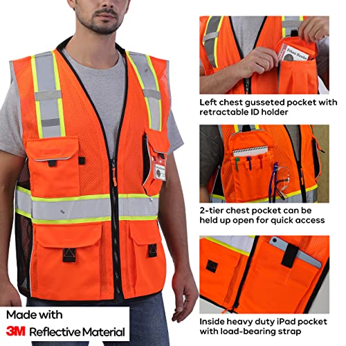 Neopelta Reflective Safety Vest Orange Mesh, Made with 3M Reflective Tape, Heavy Duty Vest with ID pocket, iPad Pocket, Padded Neck, Orange L