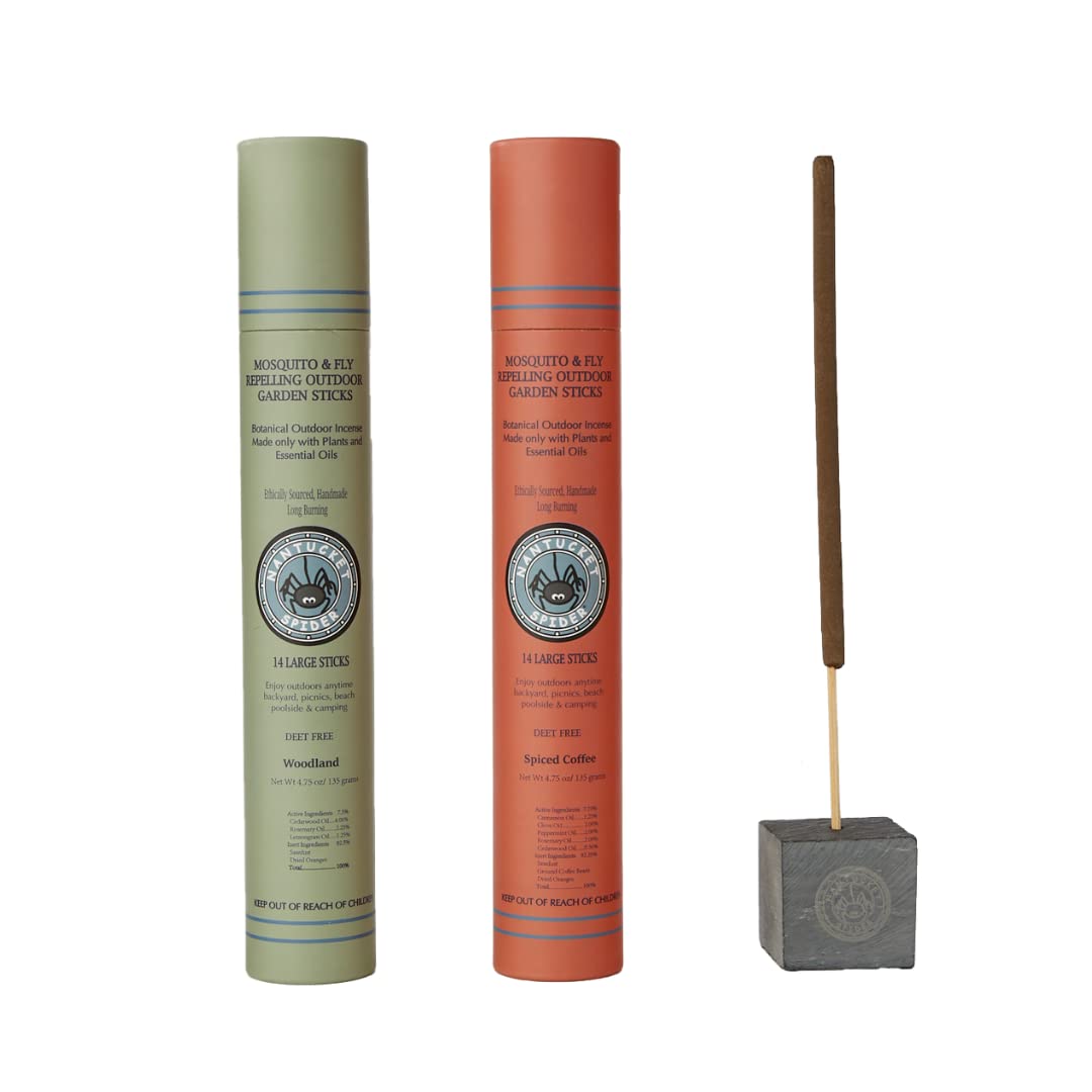 Nantucket Spider Mosquito & Fly Repelling Outdoor Garden Incense Sticks Bundle | 2 Pack (28 Sticks) & Artisanal Stone Block Incense Holder (1ct) | Woodland (14 Sticks) & Spiced Coffee (14 Sticks)