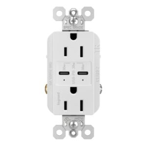 legrand radiant r26usbpdw 15 amp tamper-resistant decorator duplex receptacle outlet with ultra fast usb c/c 6.0a charging ports plus 30w power delivery, white (1 count)