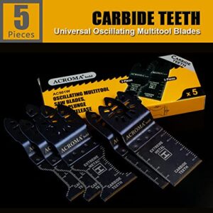 Acroma 5-Piece Carbide Tooth Oscillating Multitool Blades, Superb 0.04” (1.0mm) Thickness, Built for Hardened Materials - Thick Metal, Stainless Steel etc. BMT50005