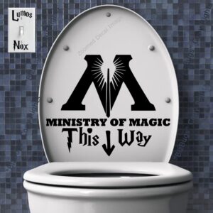 ministry of magic this way decal die cut vinyl funny humor quote, | free switch decal | , black, 7.5 inches bathroom toilet seat sticker.