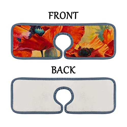 Kitchen Faucet Mats 3 Pieces Red Blooming Floral Flowrs Absorbent Faucet Sink Splash Guard Bathroom Counter and RV,Faucet Counter Sink Water Stains Preventer