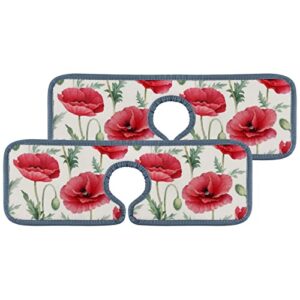 Absorbent Kitchen Faucet Mats 2 Pieces Red Poppy Flowers Faucet Sink Splash Guard Bathroom Counter and RV,Faucet Counter Sink Water Stains Preventer