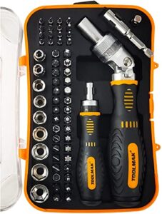 ratcheting screwdriver set toolmak 61pcs socket set & screwdriver bit set with rotatable ratchet handles ＆ storage case, household repair tool kits for bike
