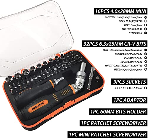 Ratcheting Screwdriver Set TOOLMAK 61pcs Socket Set & Screwdriver Bit Set with Rotatable Ratchet Handles ＆ Storage Case, Household Repair Tool Kits for Bike