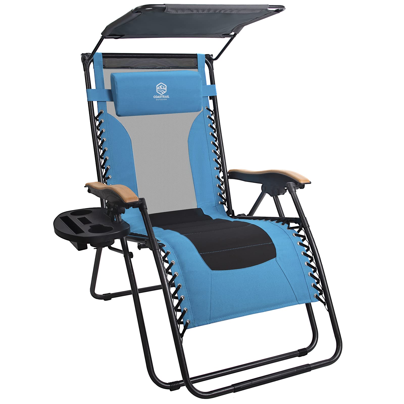 Coastrail Outdoor Zero Gravity Chair Reclining Lounger with Sun Shade, Padded Seat, Mesh Back, Pillow, Cup Holder & Side Table for Sports Yard Patio Lawn Camping, Aqua/Black