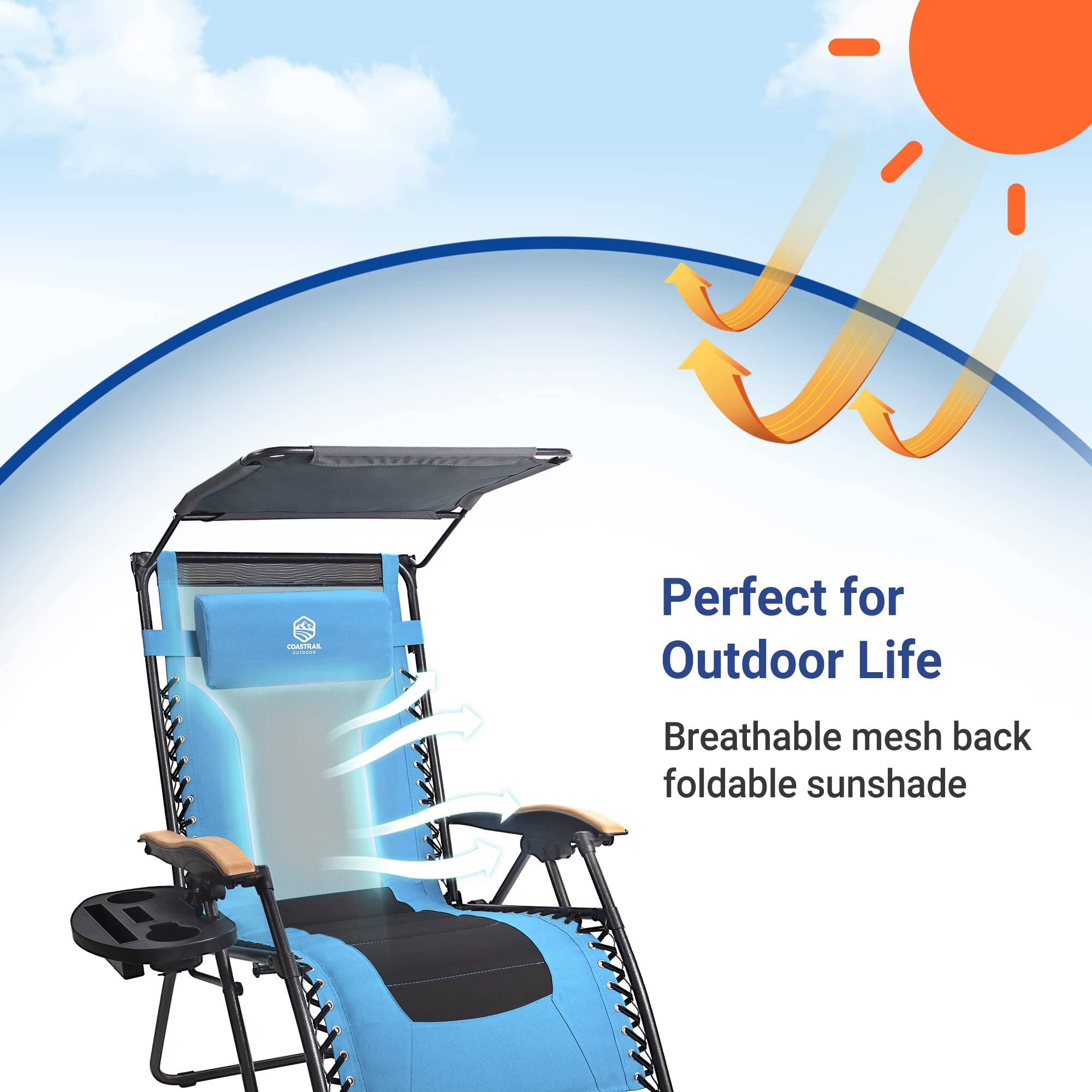 Coastrail Outdoor Zero Gravity Chair Reclining Lounger with Sun Shade, Padded Seat, Mesh Back, Pillow, Cup Holder & Side Table for Sports Yard Patio Lawn Camping, Aqua/Black