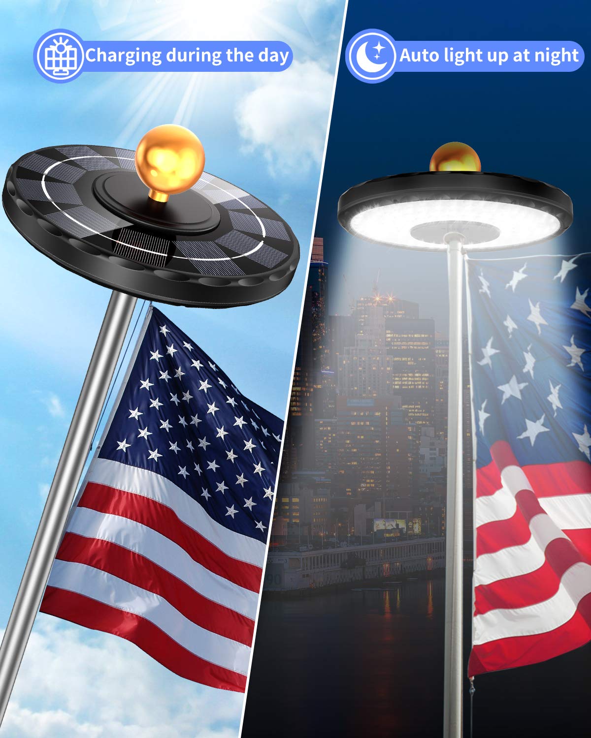 Solar Flagpole Light, Newest 132 LED 3X Brighter Outdoor Flagpole Light, Flag Cover Waterproof Solar Flag Night Light for Ground Pole 15-25ft, 10-12 Hour Dusk to Dawn Auto On/Off, 3 Lighting Modes