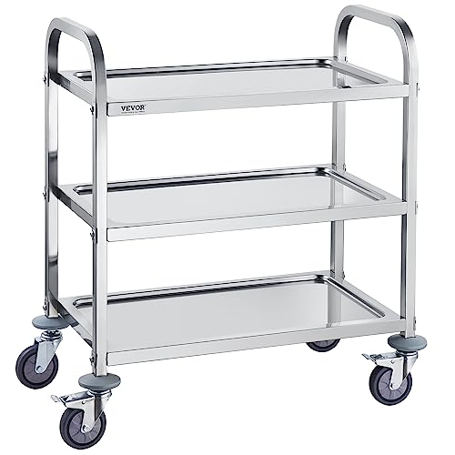 VEVOR Lab Utility Cart, 220 lbs Weight Capacity Rolling Lab Cart, 3 Shelves Mobile Clinic Cart, Sturdy Stainless Steel Frame Lab Trolley, 360° Silent Rolling Wheels w/Foot Brake, for Lab Clinic Salon