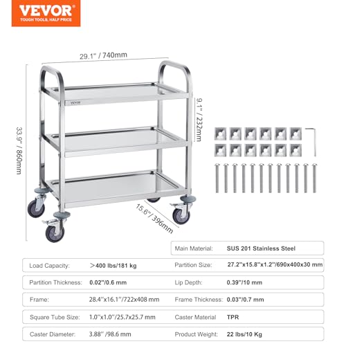 VEVOR Lab Utility Cart, 220 lbs Weight Capacity Rolling Lab Cart, 3 Shelves Mobile Clinic Cart, Sturdy Stainless Steel Frame Lab Trolley, 360° Silent Rolling Wheels w/Foot Brake, for Lab Clinic Salon