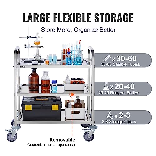 VEVOR Lab Utility Cart, 220 lbs Weight Capacity Rolling Lab Cart, 3 Shelves Mobile Clinic Cart, Sturdy Stainless Steel Frame Lab Trolley, 360° Silent Rolling Wheels w/Foot Brake, for Lab Clinic Salon