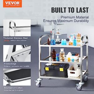 VEVOR Lab Utility Cart, 220 lbs Weight Capacity Rolling Lab Cart, 3 Shelves Mobile Clinic Cart, Sturdy Stainless Steel Frame Lab Trolley, 360° Silent Rolling Wheels w/Foot Brake, for Lab Clinic Salon