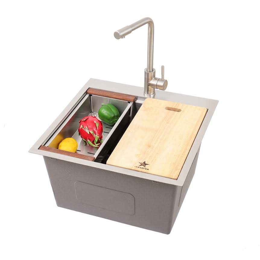 STARSTAR Workstation Ledge Topmount/Drop-in Single Bowl 304 Stainless Steel Kitchen/Yard/Bar/Laundry/Office Sink, With Grid, Colander, Cutting Board, Strainer (22 x 22 x 12-Wood Colander)