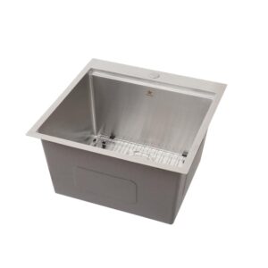 STARSTAR Workstation Ledge Topmount/Drop-in Single Bowl 304 Stainless Steel Kitchen/Yard/Bar/Laundry/Office Sink, With Grid, Colander, Cutting Board, Strainer (22 x 22 x 12-Wood Colander)