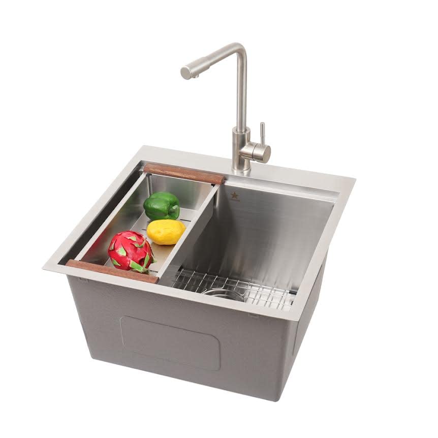 STARSTAR Workstation Ledge Topmount/Drop-in Single Bowl 304 Stainless Steel Kitchen/Yard/Bar/Laundry/Office Sink, With Grid, Colander, Cutting Board, Strainer (22 x 22 x 12-Wood Colander)