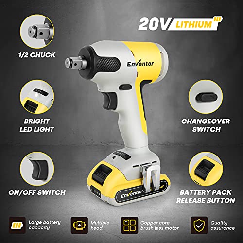 Enventor 20V Cordless Impact Wrench, Brushless Compact, 1/2 Inch Max Torque, 2.0Ah Li-Ion Battery, Fast Charger, 4 Sockets, Tool Bag and Belt Clip