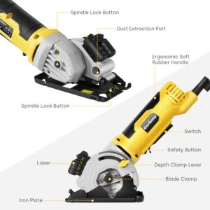 ENVENTOR Mini Circular Saw, 4.8A Electric Circular Saw Corded with Laser Guide, 4000RPM, 3 Saw Blades 3-3/8" Max Cutting Depth 1-1/16", Compact Hand Saw for Wood, Soft Metal, Tile, Plastic Cuts