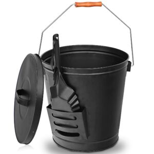 homgarden 5.15 gallon galvanized metal coal ash bucket with handle lid and shovel, indoor outdoor black hot ash pail for fire pits, grill, wood burning stoves, fireplace, accessories