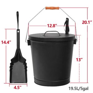 HomGarden 5.15 Gallon Galvanized Metal Coal Ash Bucket with Handle Lid and Shovel, Indoor Outdoor Black Hot Ash Pail for Fire Pits, Grill, Wood Burning Stoves, Fireplace, Accessories