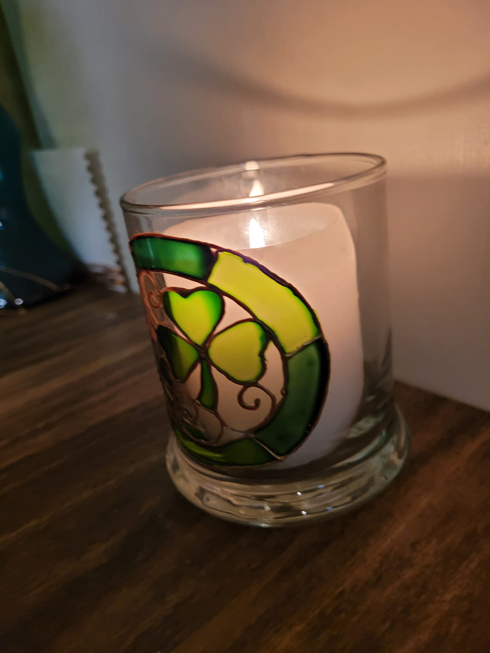 Green Shamrock Four Leaf Clover Hand Painted Stained Glass Candle Holder St Patrick's Day Decor