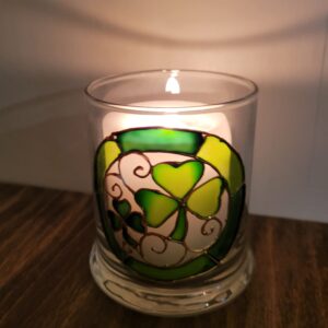 Green Shamrock Four Leaf Clover Hand Painted Stained Glass Candle Holder St Patrick's Day Decor