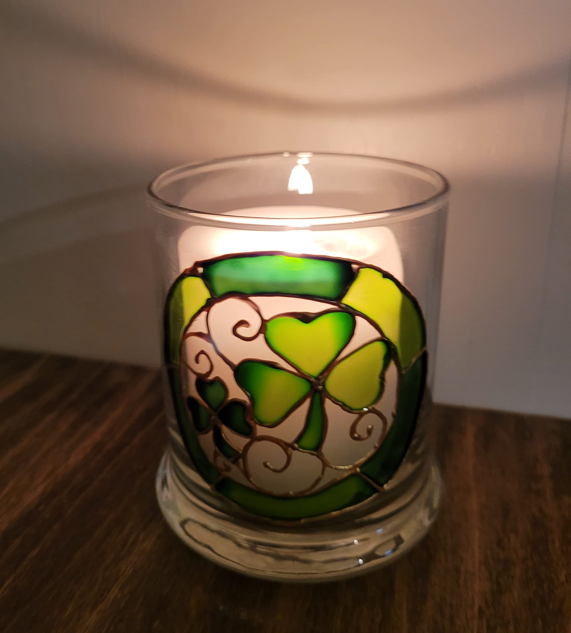 Green Shamrock Four Leaf Clover Hand Painted Stained Glass Candle Holder St Patrick's Day Decor