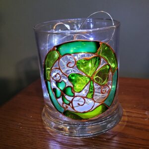 Green Shamrock Four Leaf Clover Hand Painted Stained Glass Candle Holder St Patrick's Day Decor