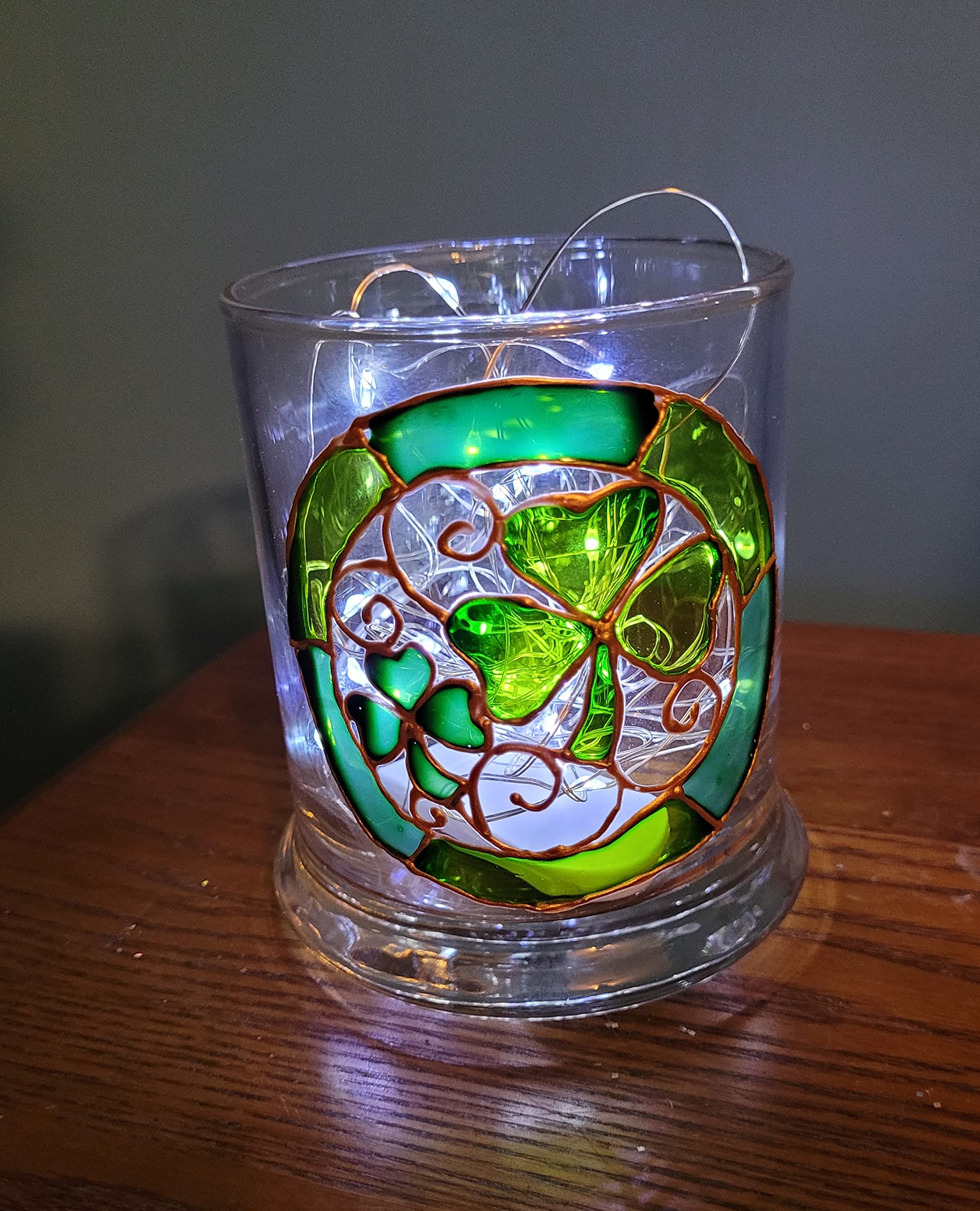 Green Shamrock Four Leaf Clover Hand Painted Stained Glass Candle Holder St Patrick's Day Decor