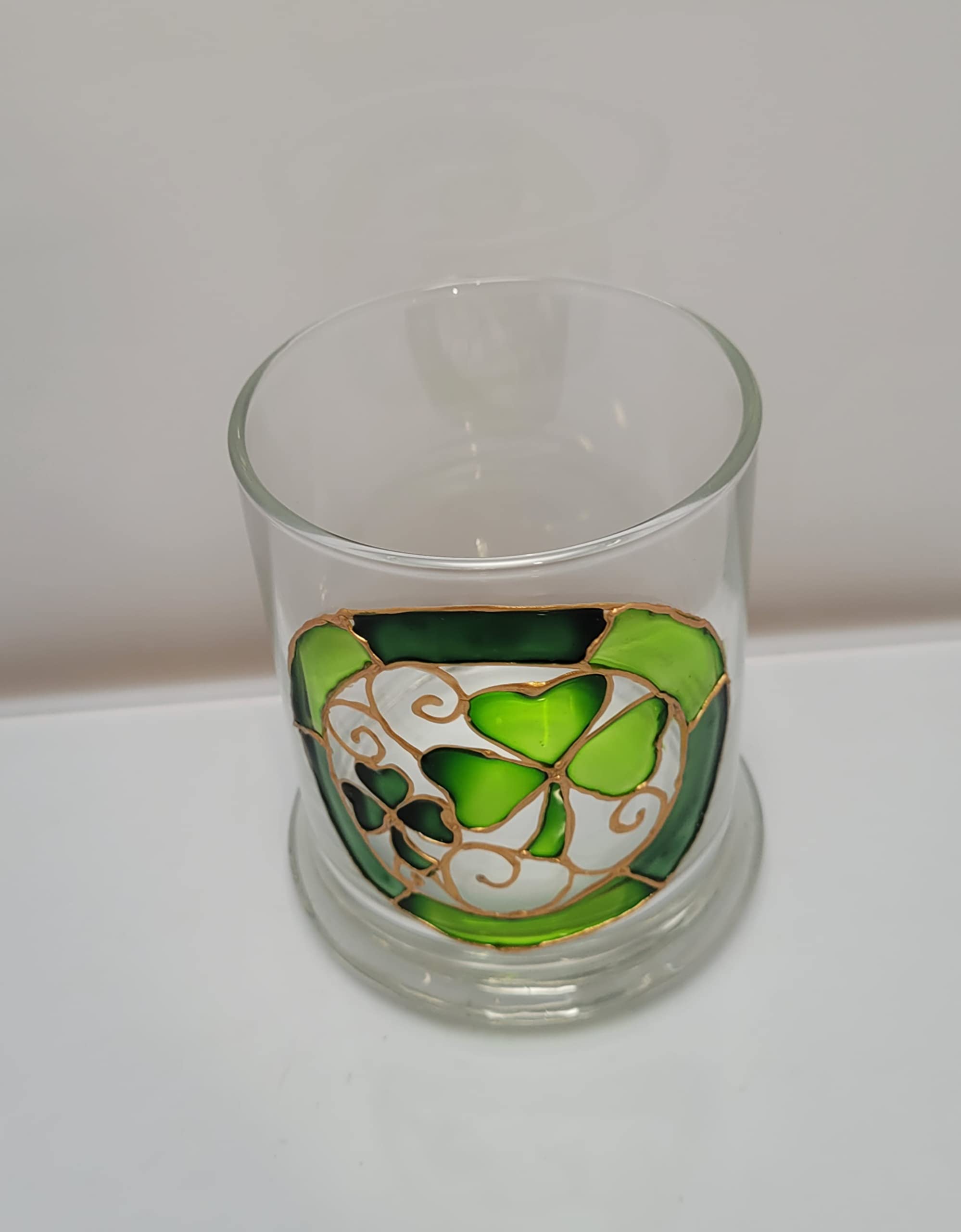 Green Shamrock Four Leaf Clover Hand Painted Stained Glass Candle Holder St Patrick's Day Decor