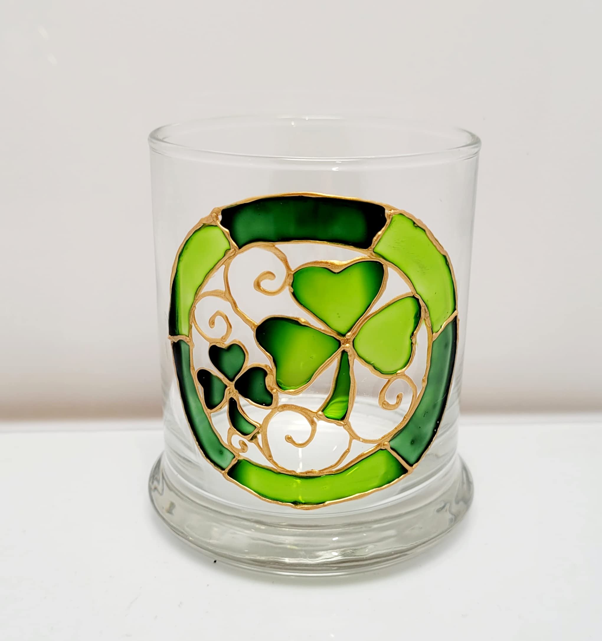 Green Shamrock Four Leaf Clover Hand Painted Stained Glass Candle Holder St Patrick's Day Decor