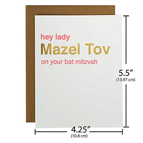 Funny Bat Mitzvah Cards with Envelopes for Girls, Hey Lady Mazel Tov, Letterpress and Gold Foil