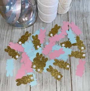 gender reveal bunny confetti - boy girl baby shower party spring easter decorations - pink blue gold glitter - 100 pieces