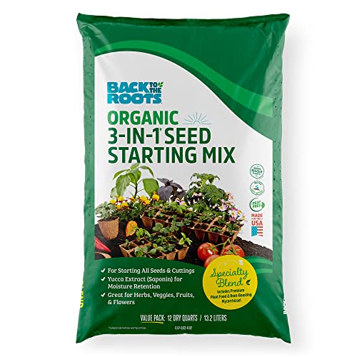 Back to the Roots 3-in-1 Seed Starting Mix 12 Quarts, 100% Organic & USA Made for Herbs, Veggies, Flowers, w/ Nutrient Rich Plant Food, Worm-Castings, & Moisture Controlling Yucca Brown