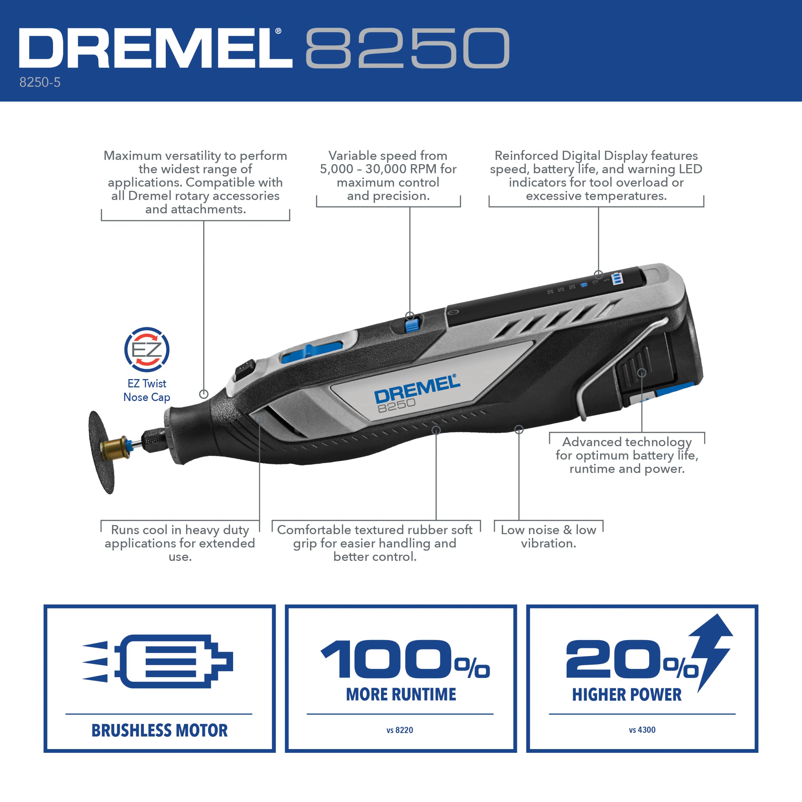 Dremel 8250 12V Lithium-Ion Variable Speed Cordless Rotary Tool with Brushless Motor, 5 Rotary Tool Accessories, 3Ah Battery, Charger, and Tool Bag