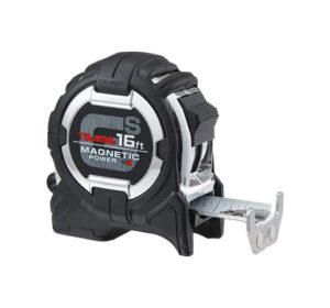 tajima tape measure - 16ft x 1in gs-lock measuring tape with compatible clip & dual magnetic power - gs-sc16bw