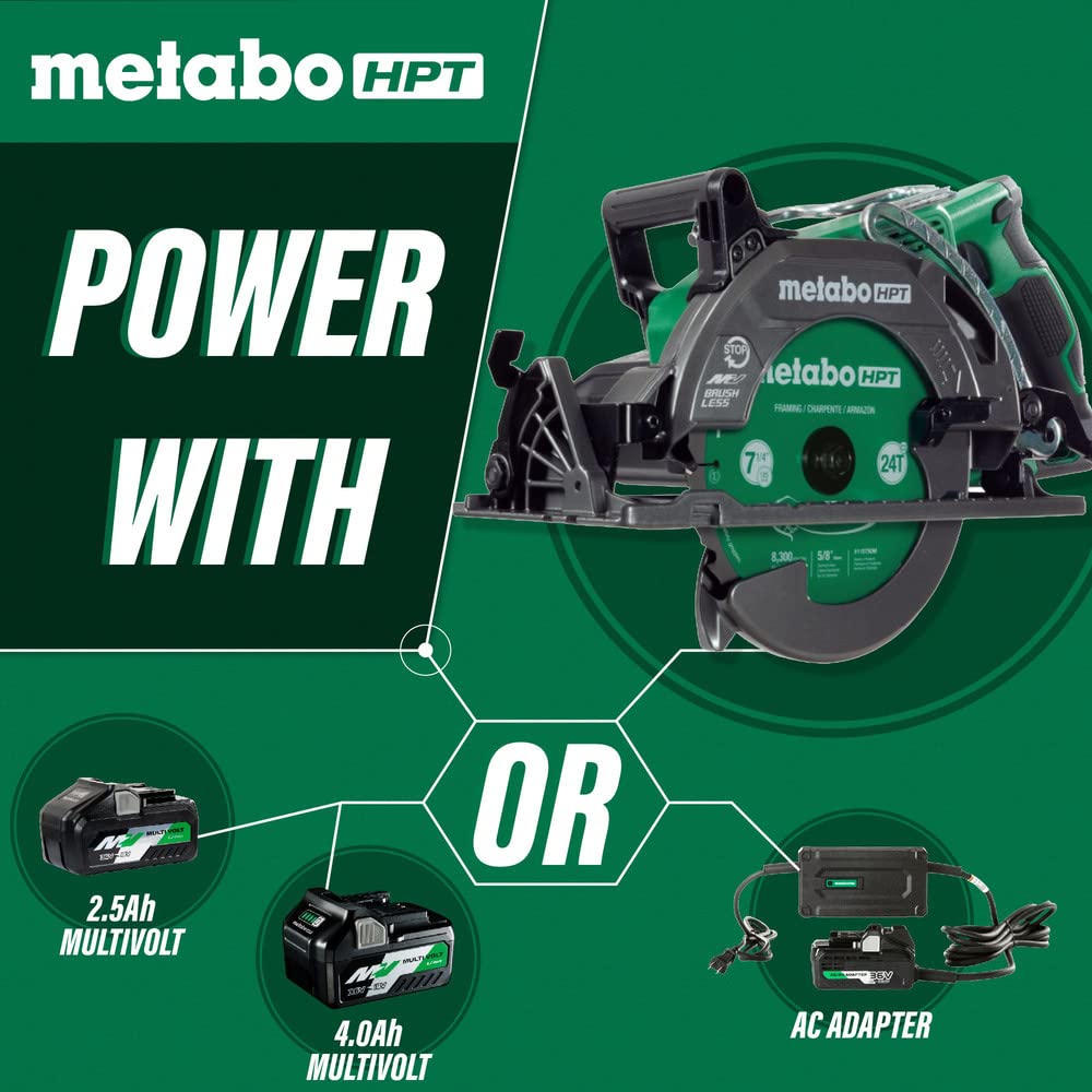 Metabo HPT 36V MultiVolt™ Cordless Rear Handle Circular Saw Kit | Optional AC Adapter | 7-1/4-Inch Blade | 500 Cross Cuts Per Charge | Lightweight - 8.2 Lbs. | C3607DWA